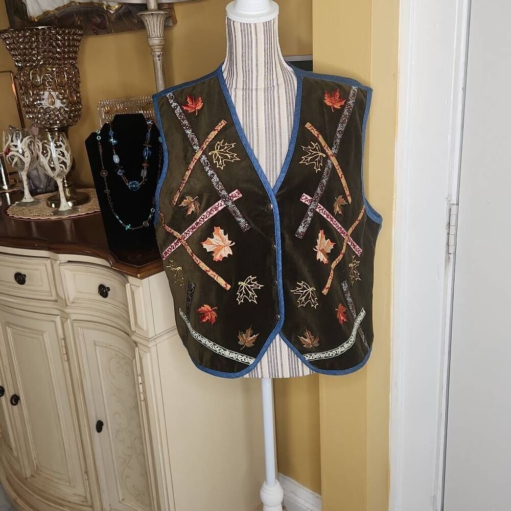 Vintage Koret city blues autumn leaves vest women's XL FALL VIBES